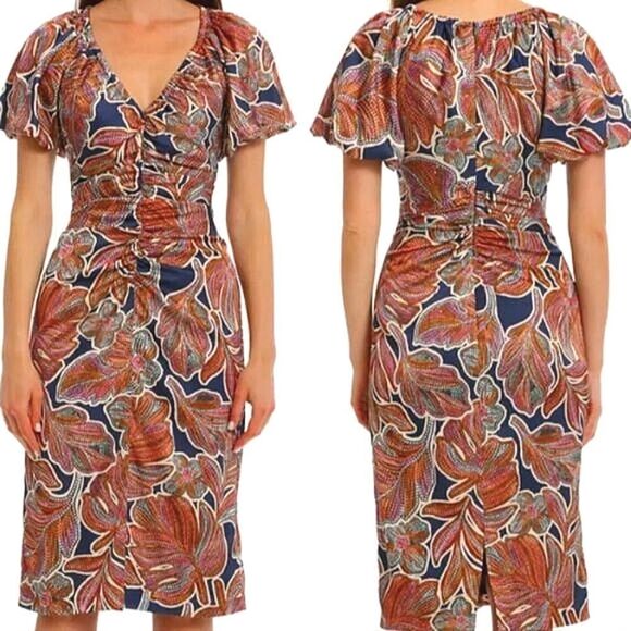 Maggy London Floral Puffed Sleeve Ruched Dress NWT - Picture 2 of 12